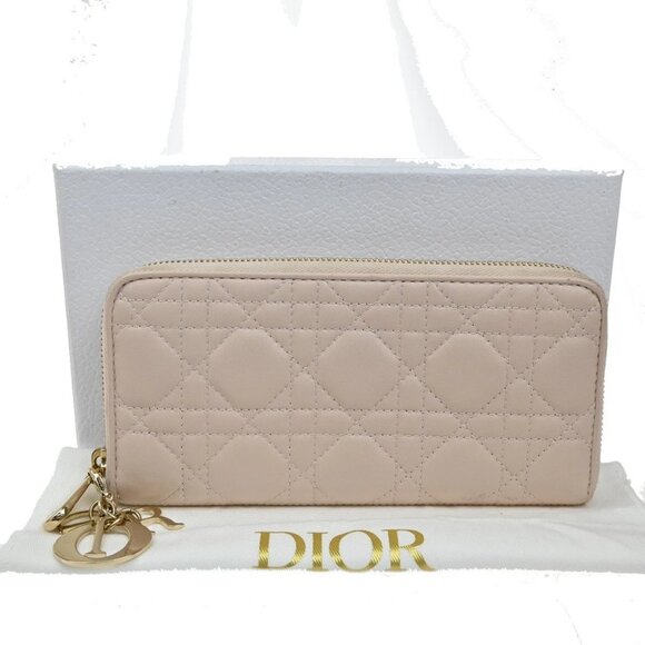 CHRISTIAN DIOR Logo Cannage Zipper Around Long Wallet Leather Pink GHW 80KB338 - Picture 2 of 15